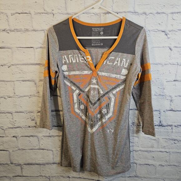 American Fighter Tops - American Fighter T Shirt Women's Small Gray Pink Heather 3/4 Sleeve V Neck